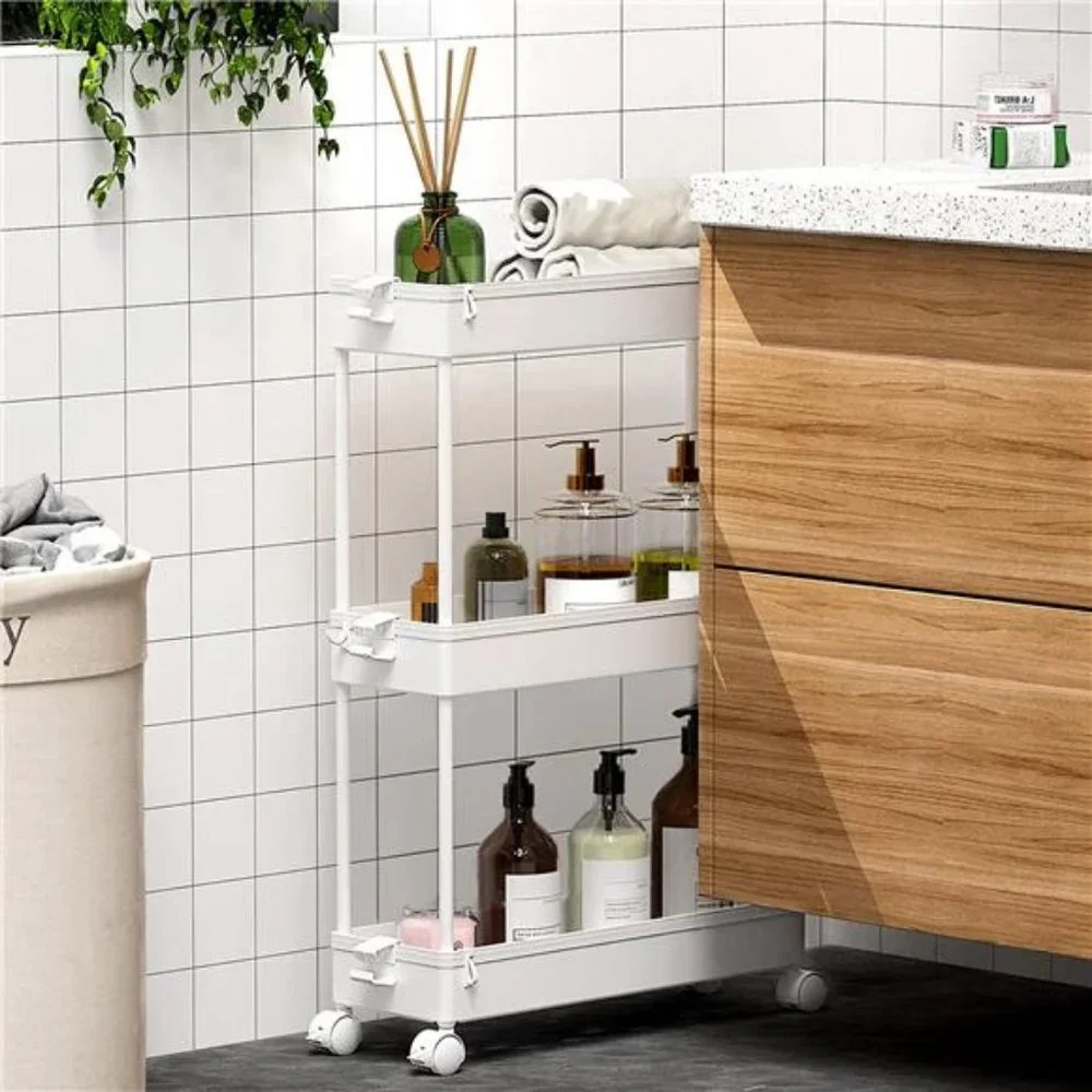 Slim Rolling Storage Cart, Laundry Room Organization, 3 Tier (White)